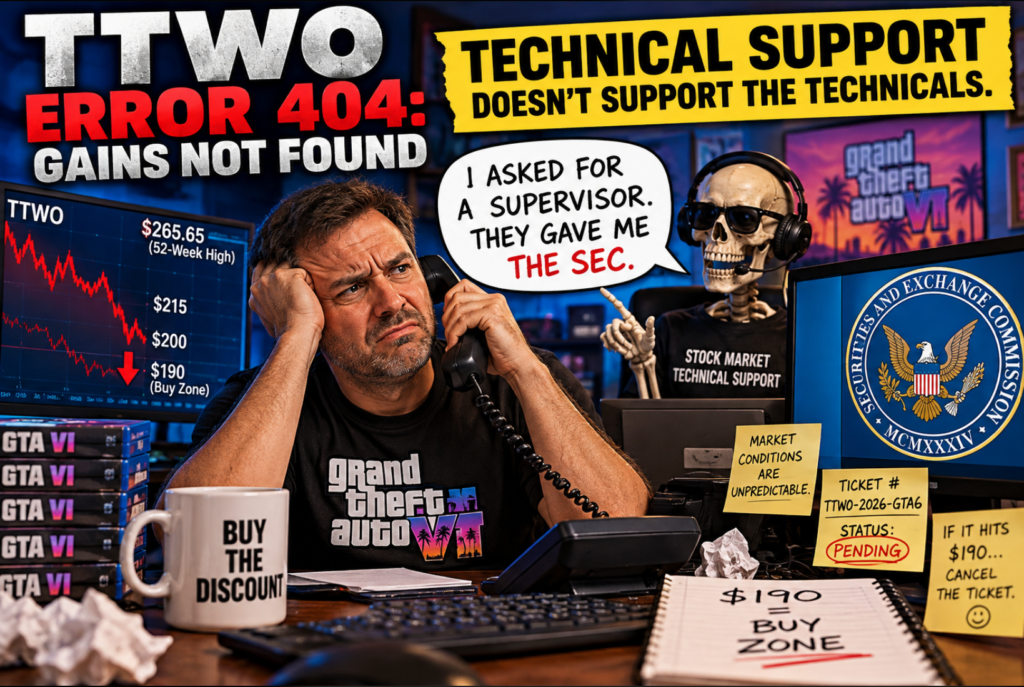 TTWO stock market satire featuring a fictional technical support call, SEC escalation, and $190 buy zone.